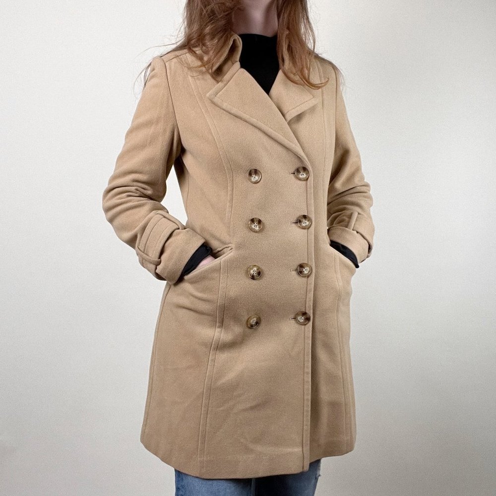 Vintage Cashmere Wool Long Coat Trench Jacket Double Breasted Oversized Peacoat - Picture 4 of 8